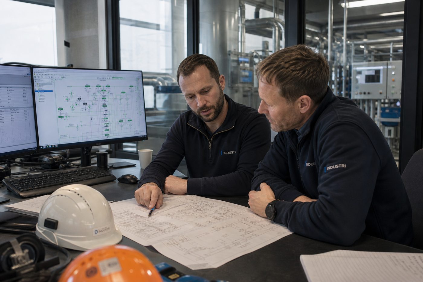 Ingeniører gjennomgår tegninger og data